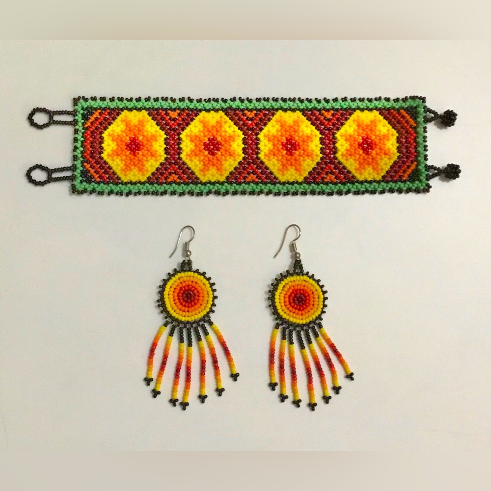 Ethnic tribal glass beaded bracelet and earring set
